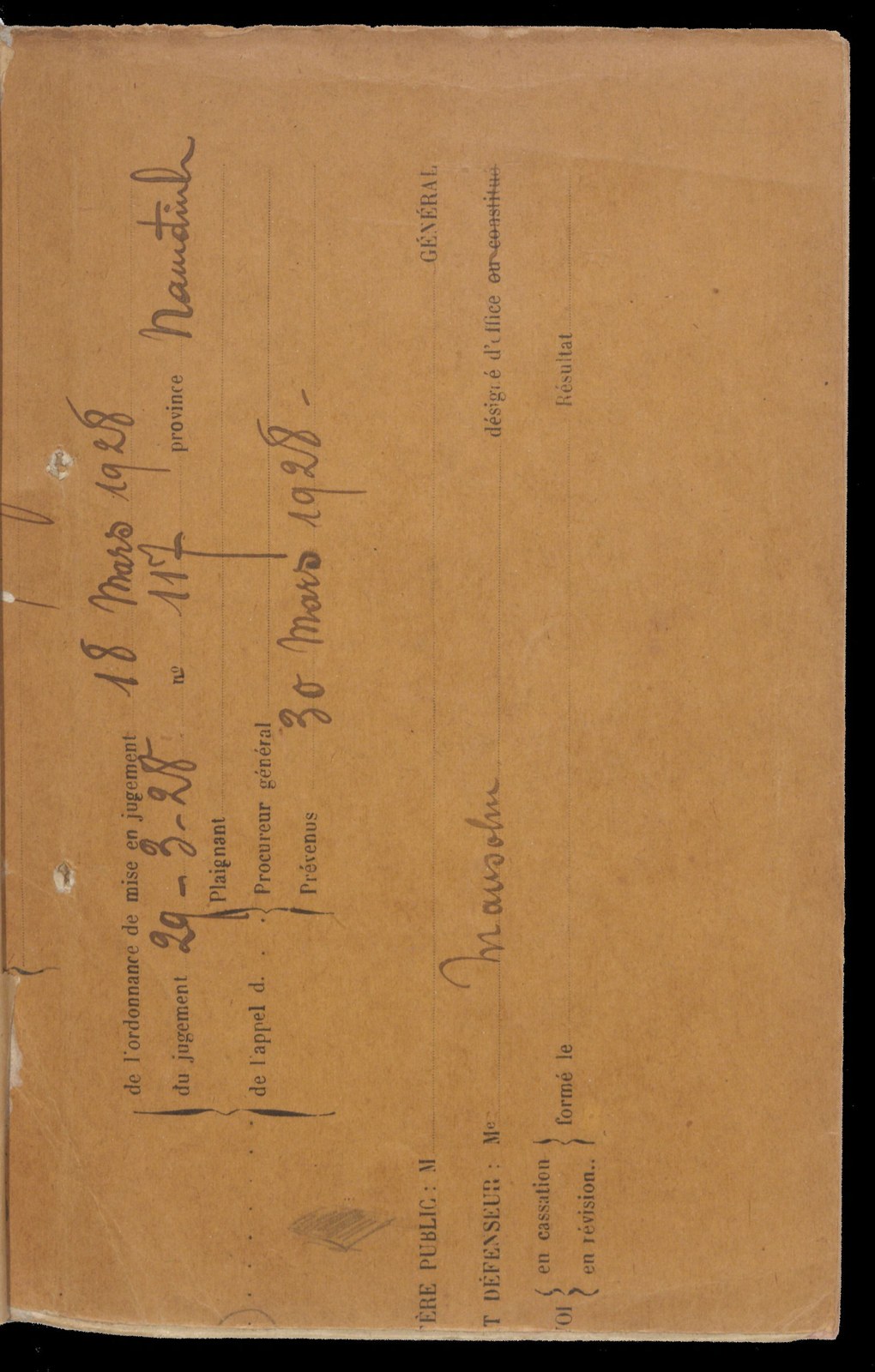 Mặt trong bìa hồ sơ của Tòa thượng thẩm, đóng ngang, có ghi ngày tháng năm 1928